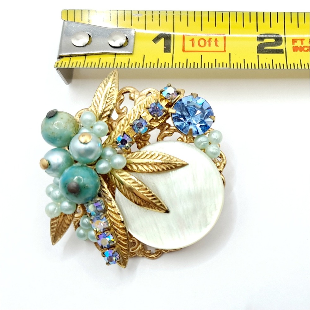 Vintage Blue Rhinestone Brooch Beads Mother of Pearl Disc Layered Leaf Cluster - Picture 11 of 11
